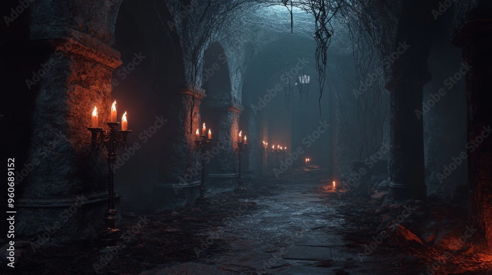 A Foggy, Candlelit Stone Corridor in a Ruined Structure A Foggy, Candlelit Stone Corridor in a Ruined Structure