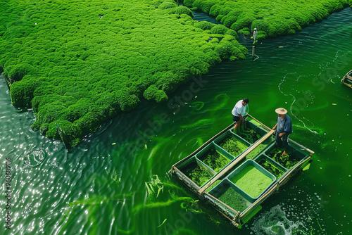 Algae Farming, Farmers cultivating algae for biofuel and nutritional products photo