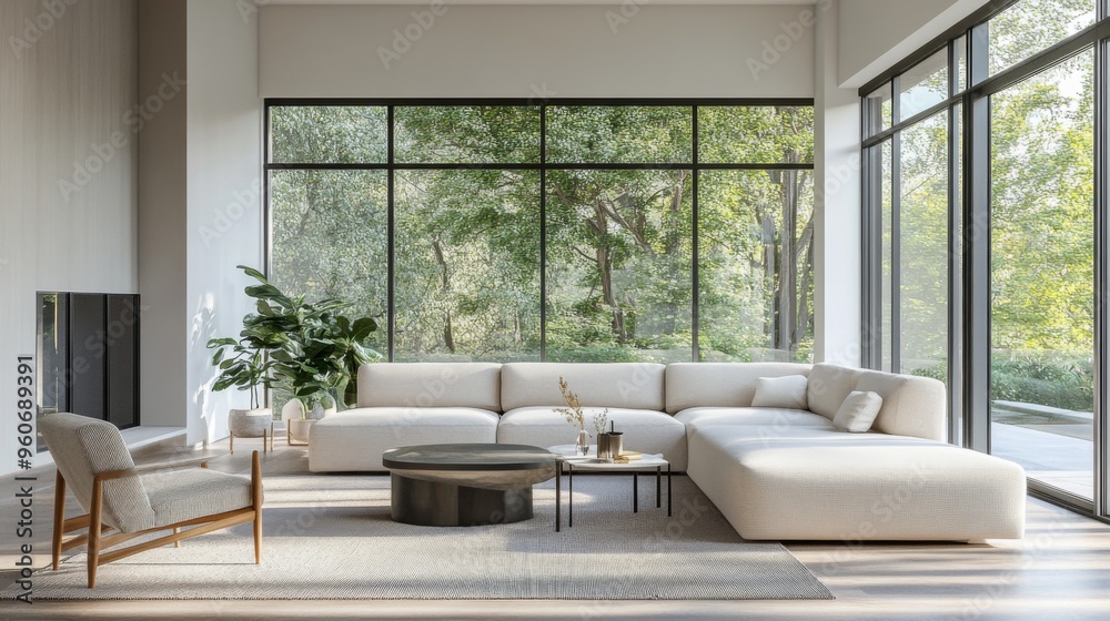Close-up of a beautifully designed minimalistic living room featuring sleek furniture, a monochromatic color scheme, and plenty of natural light. Close-up of a beautifully designed minimalistic living room featuring sleek furniture, a monochromatic color scheme, and plenty of natural light.