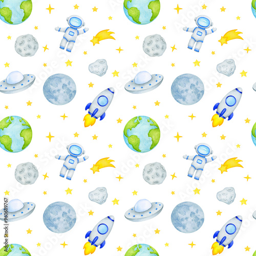 Seamless pattern on the theme of space. Hand drawn watercolor illustration. Astronaut, planets, rocket, stars, meteorites. Illustration for wallpaper, textiles, kids design, wrapping paper.