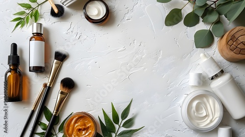 Organic beauty products with makeup brushes and green leaves on white background. Minimalist flat lay composition with copy space. Design for natural skincare, wellness blog, or marketing materials