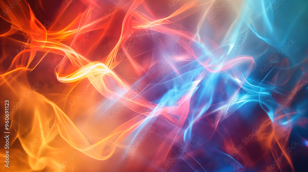 Fototapeta premium Incandescent kaleidoscopic light trails weaving through a hazy atmospheric background, creating a mesmerizing and colorful visual experience ideal for artistic design