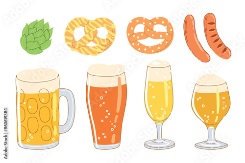 Set of different beer glasses, pretzel, sausages, hop isolated on white background. Hand drawn trendy flat vector illustrations for Oktoberfest beer festival, brewing concept.