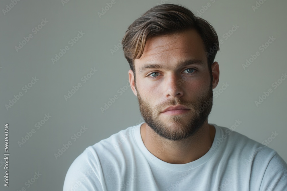 A young man sits quietly, reflecting with a serious expression and thoughtful gaze, surrounded by soft, natural light. Generative AI