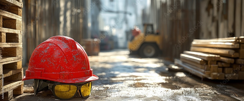 Hard Hat and Safety Glasses on Construction Site Hard Hat and Safety Glasses on Construction Site