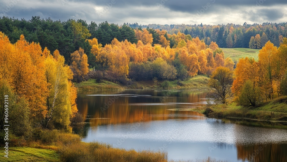 Stunning Autumn Landscape with Vibrant Foliage and Serene Lake Stunning Autumn Landscape with Vibrant Foliage and Serene Lake