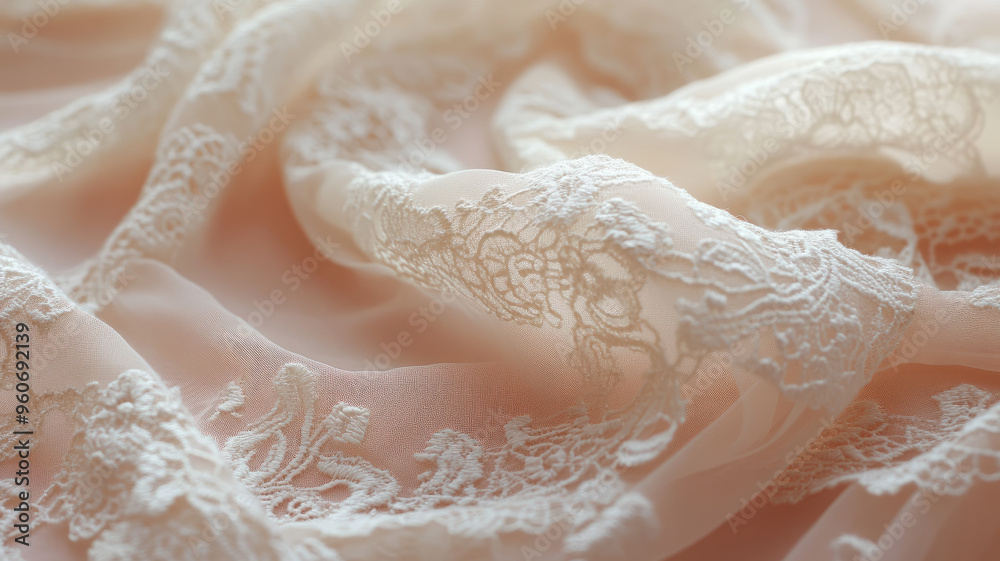 Close-up of delicate ivory lace fabric with intricate patterns. Close-up of delicate ivory lace fabric with intricate patterns.
