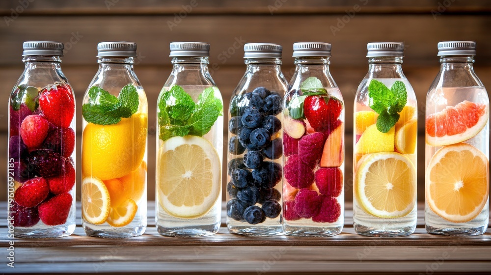 Refreshing infused water displays vibrant fruits and aromatic herbs in glass bottles, showcasing nature’s beauty and healthy hydration inspiration Refreshing infused water displays vibrant fruits and aromatic herbs in glass bottles, showcasing nature’s beauty and healthy hydration inspiration