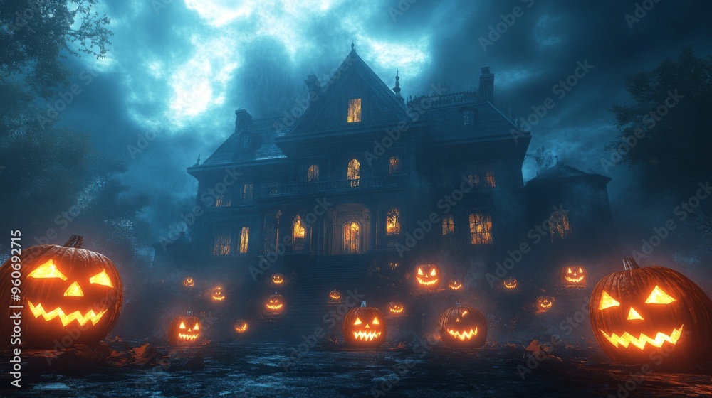 A Haunted Mansion With Lit Jack-o'-Lanterns on a Foggy Night