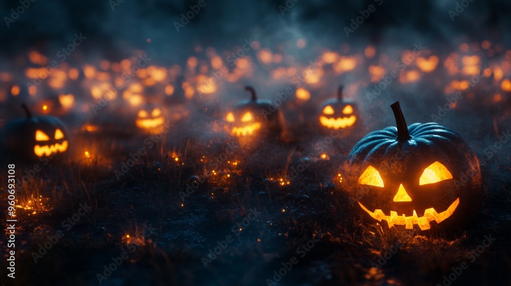 Glowing Jack-o'-Lantern in a Field of Smoke and Fire Glowing Jack-o'-Lantern in a Field of Smoke and Fire