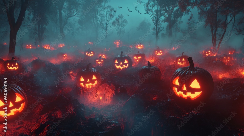 Glowing Jack-o'-Lanterns in a Foggy Forest Glowing Jack-o'-Lanterns in a Foggy Forest