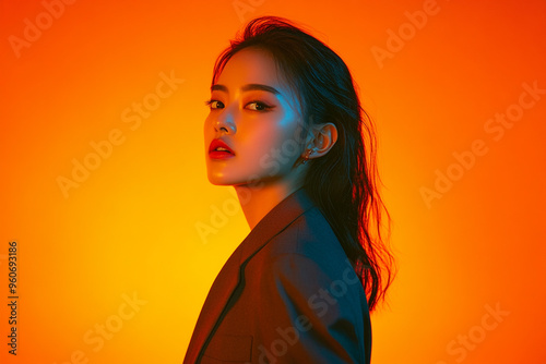 Stylish Woman in Dark Gray Suit with Solid Neon Orange Background Trendsetting Portrait