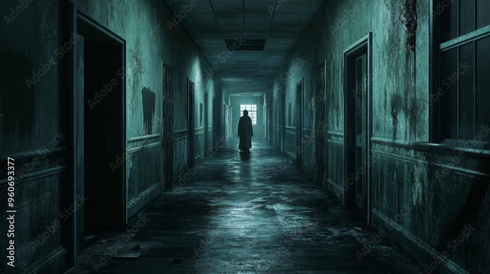 A shadowy figure walks down a dark and eerie hallway. A shadowy figure walks down a dark and eerie hallway.