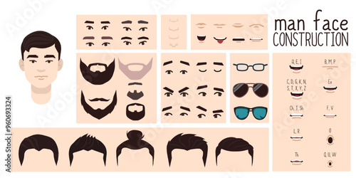 Asian man face constructor, avatar of  male character creation hairstyle, nose, eyes with eyebrows and lips. Facial elements for construction. Cartoon set suitable for animation and lip sync speaking.
