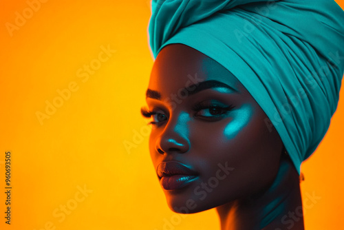 Womans Neon Teal Head Wrap with Solid Neon Orange Background Trendsetting Fashion Portrait