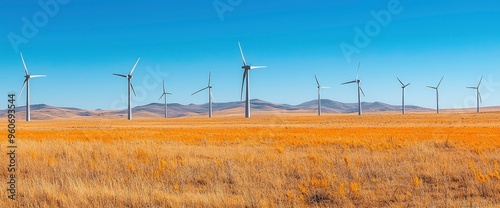 Wind Turbines on a Grassy Field Under a Blue Sky