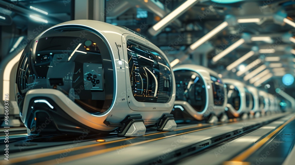 Fototapeta premium Futuristic Pods on a Conveyor Belt in a Factory