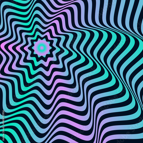 Glowing abstract flower optical illusion psychedelic bright neon gradient pattern, isolated on dark violet background. Decorative stylish card.