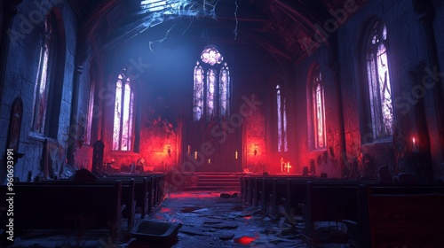 Abandoned Church Interior with Red and Blue Lighting