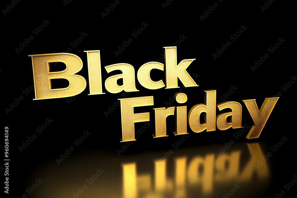 Obraz premium Black Friday sale in bold 3D gold letters with a reflective surface on a black background