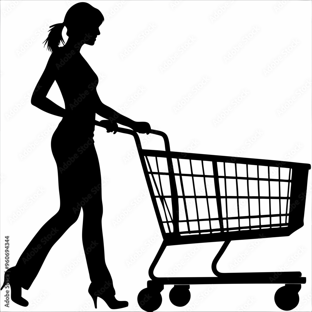 silhouette of a woman with shopping cart silhouette of a woman with shopping cart