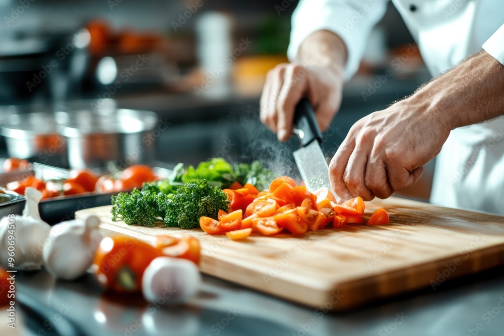 An experienced chef expertly slices ripe tomatoes and colorful veggies on a wooden board, surrounded by a lively kitchen ambiance filled with culinary hints An experienced chef expertly slices ripe tomatoes and colorful veggies on a wooden board, surrounded by a lively kitchen ambiance filled with culinary hints