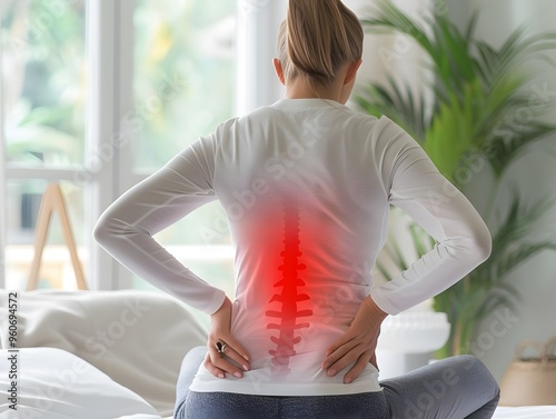 Woman experiencing back pain at home due to lumbar intervertebral disc herniation. Concept Back Pain Management, Lumbar Health, Home Remedies, Physical Therapy Exercises, Lifestyle Changes