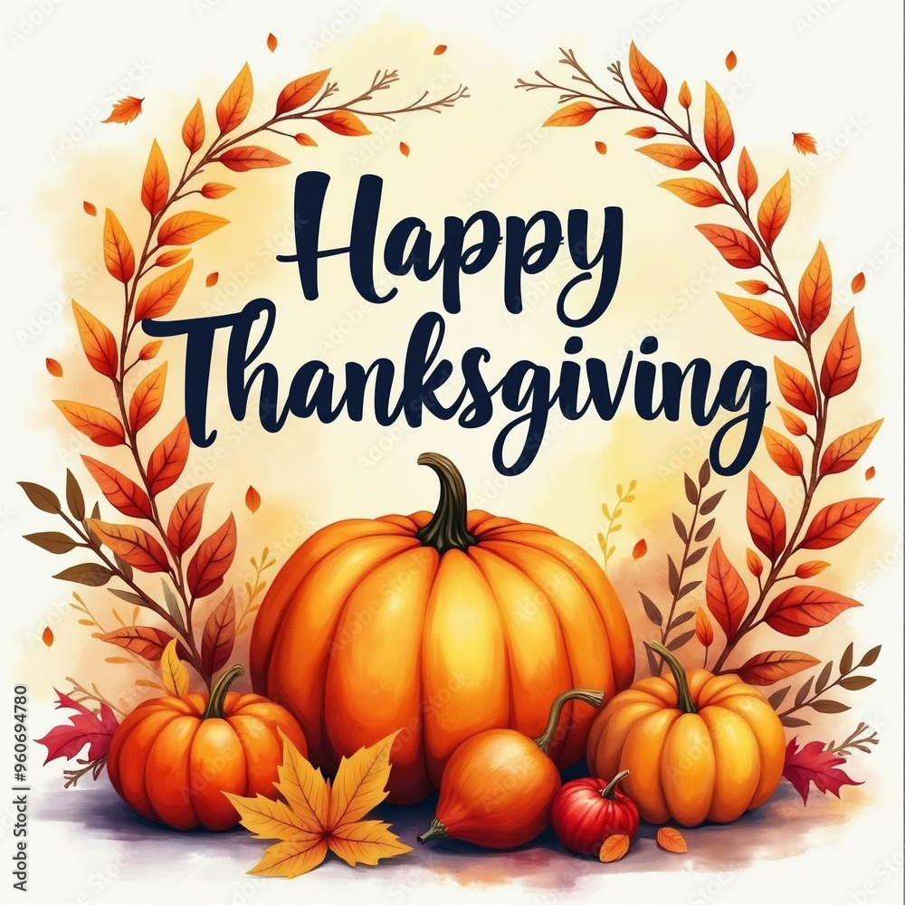  pumpkins and The words Happy Thanksgiving are prominently displayed at the center.