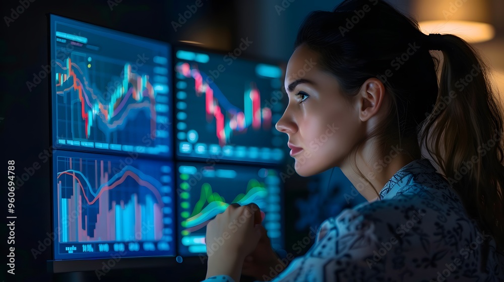 Woman looking at computer blue screen with charts and dashboard Woman looking at computer blue screen with charts and dashboard