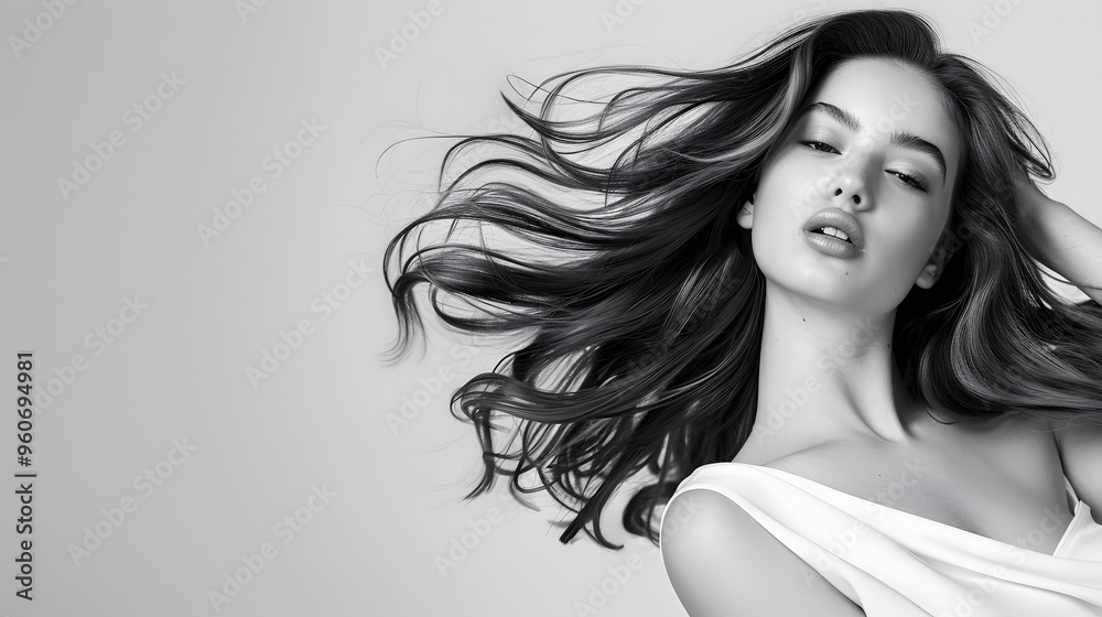 Woman posing in white top Wavy long hair. white background Woman posing in white top Wavy long hair. white background