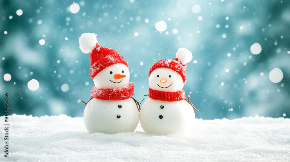 Two snowmen on snowfall. World Snow Day. Horizontal banner. Free space for text. Winter sports and snow activities concept Two snowmen on snowfall. World Snow Day. Horizontal banner. Free space for text. Winter sports and snow activities concept