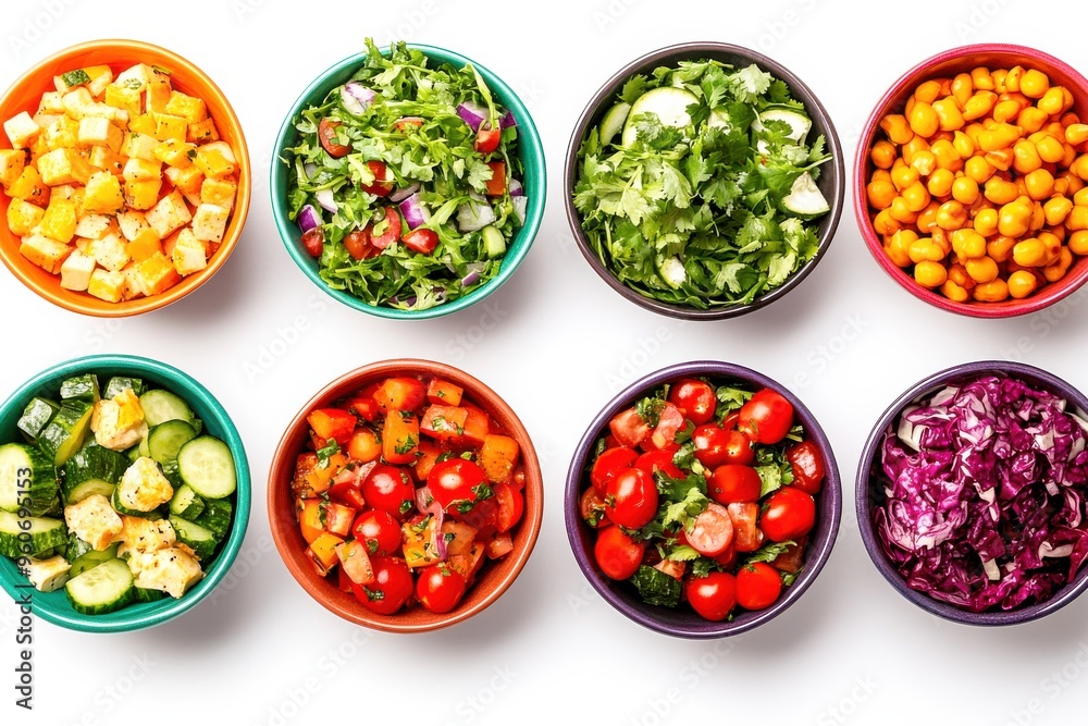 Colorful bowls filled with an array of fresh salads and vegetables provide a delightful and healthy spread perfect for lunch or dinner gatherings Colorful bowls filled with an array of fresh salads and vegetables provide a delightful and healthy spread perfect for lunch or dinner gatherings