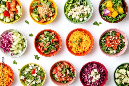 An appealing arrangement of fresh salads showcases an array of colorful vegetables and toppings served in bright bowls, perfect for a healthy meal