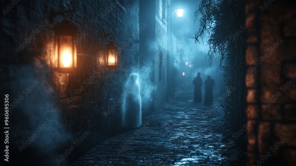 A Ghostly Figure Stands in a Foggy, Nighttime Alleyway A Ghostly Figure Stands in a Foggy, Nighttime Alleyway