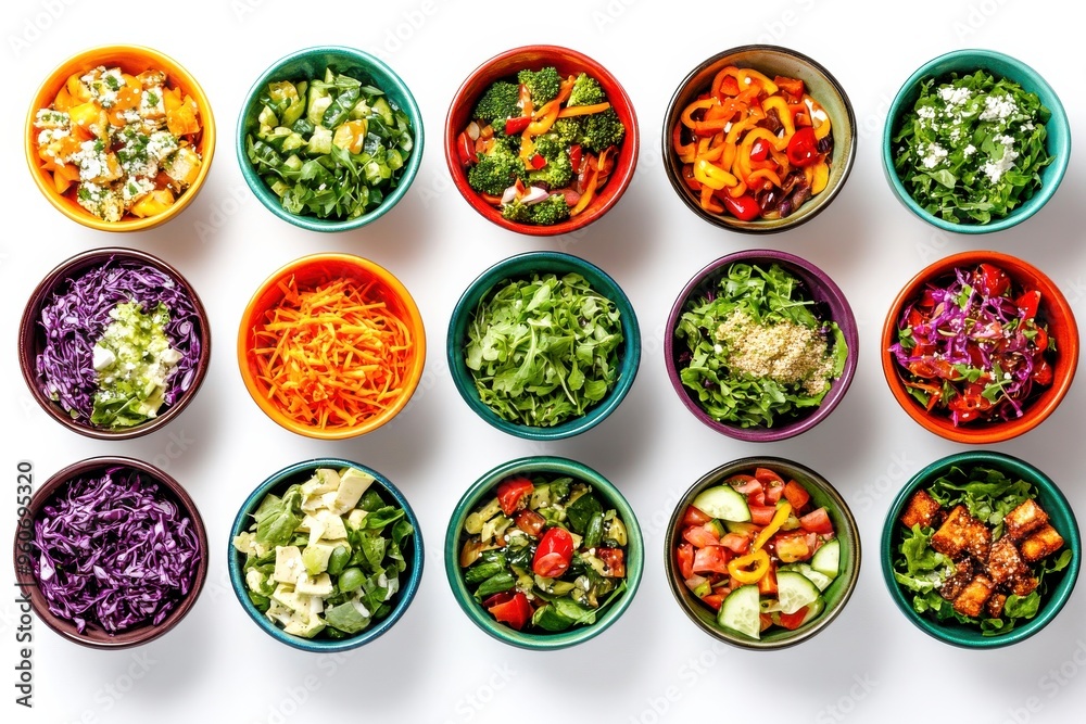 An artistic display of diverse salads in bowls, featuring a rainbow of vegetables and greens, perfect for a healthy meal or colorful event An artistic display of diverse salads in bowls, featuring a rainbow of vegetables and greens, perfect for a healthy meal or colorful event