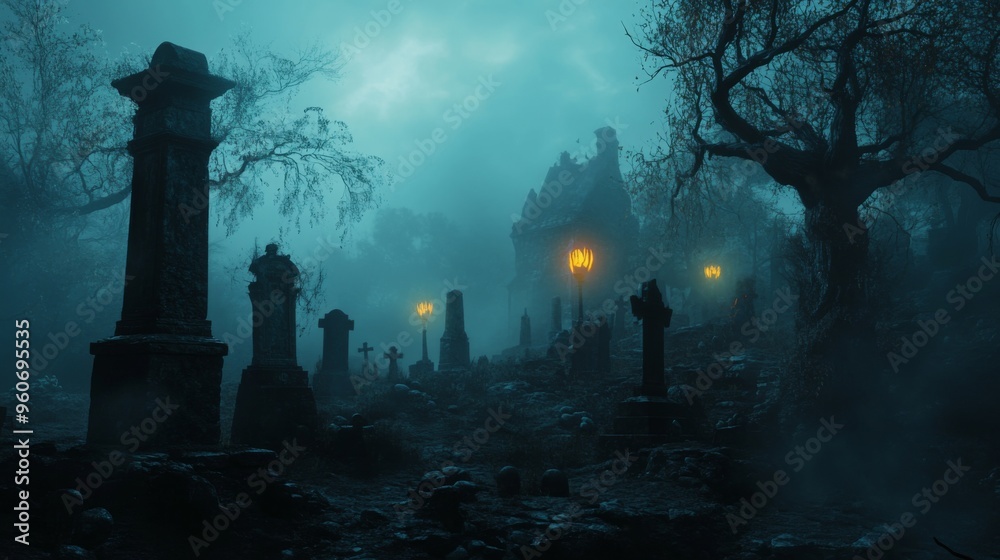 A Foggy Graveyard with Stone Tombs and Glowing Lanterns A Foggy Graveyard with Stone Tombs and Glowing Lanterns