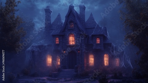 An Eerie Stone Mansion with Windows Glowing in the Night Fog