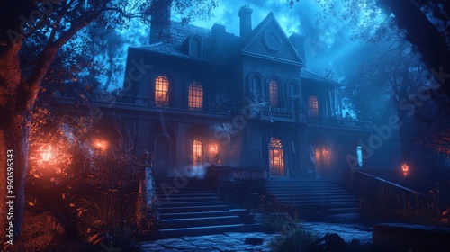 Eerie Haunted Mansion on a Foggy Night