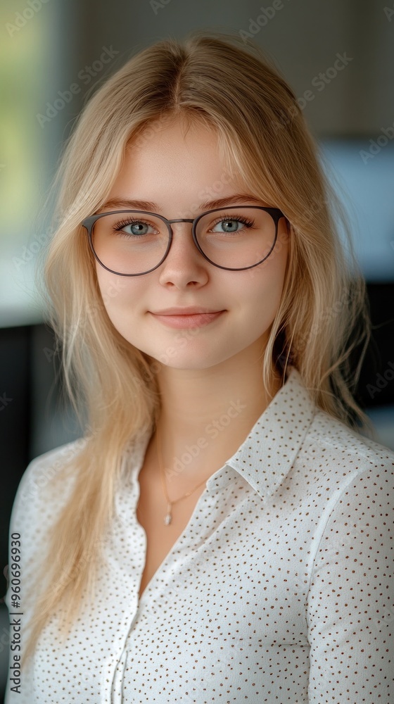 A young woman with blonde hair and glasses is smiling in a bright and inviting room filled with natural light A young woman with blonde hair and glasses is smiling in a bright and inviting room filled with natural light