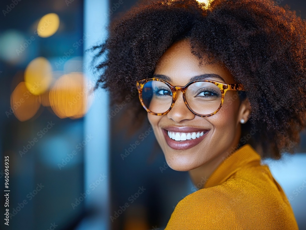 The woman radiates joy and confidence while sitting indoors amidst soft ambient lighting