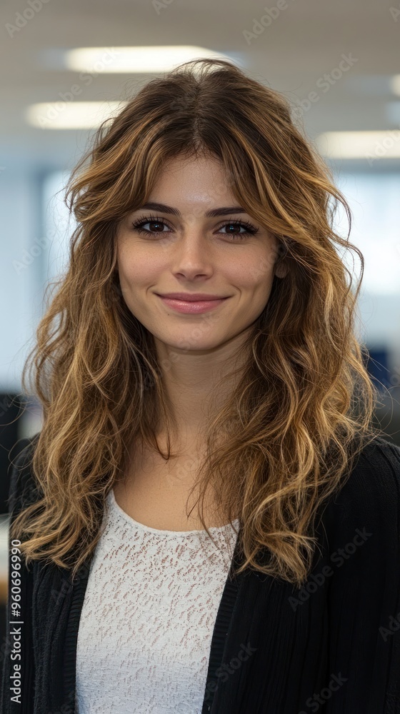 A confident young woman with wavy hair is smiling while standing in a modern office environment A confident young woman with wavy hair is smiling while standing in a modern office environment