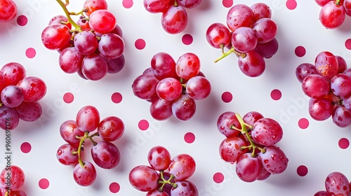 Red grapes arranged on a white background with polka dots. Fun and vibrant grape pattern for summer fruit concept, banner, or marketing design. Minimalist food photography with copy space.