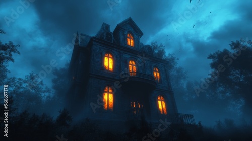 A Mysterious, Eerie, and Gloomy Haunted House on a Foggy Night