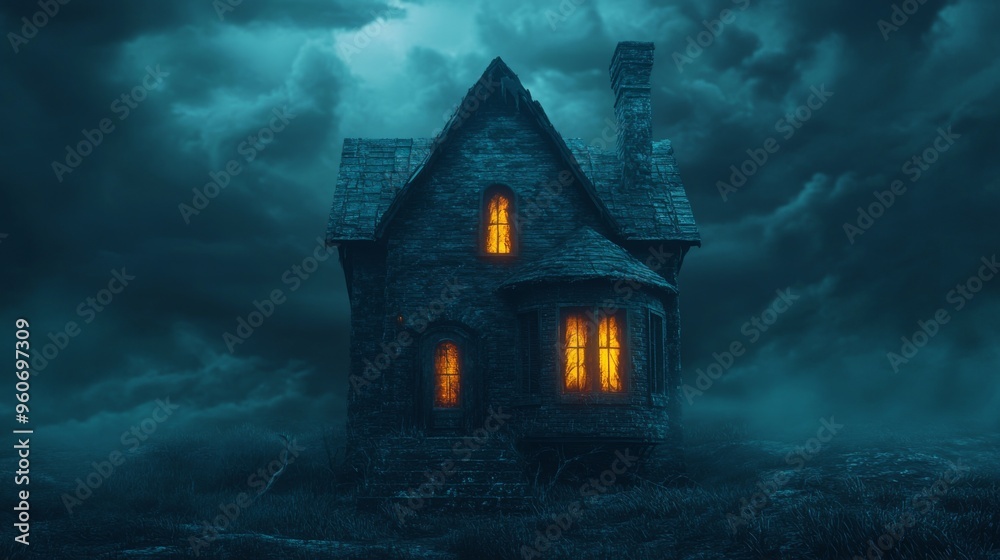 A Glowing-Windowed Stone House in a Dark, Foggy Night A Glowing-Windowed Stone House in a Dark, Foggy Night