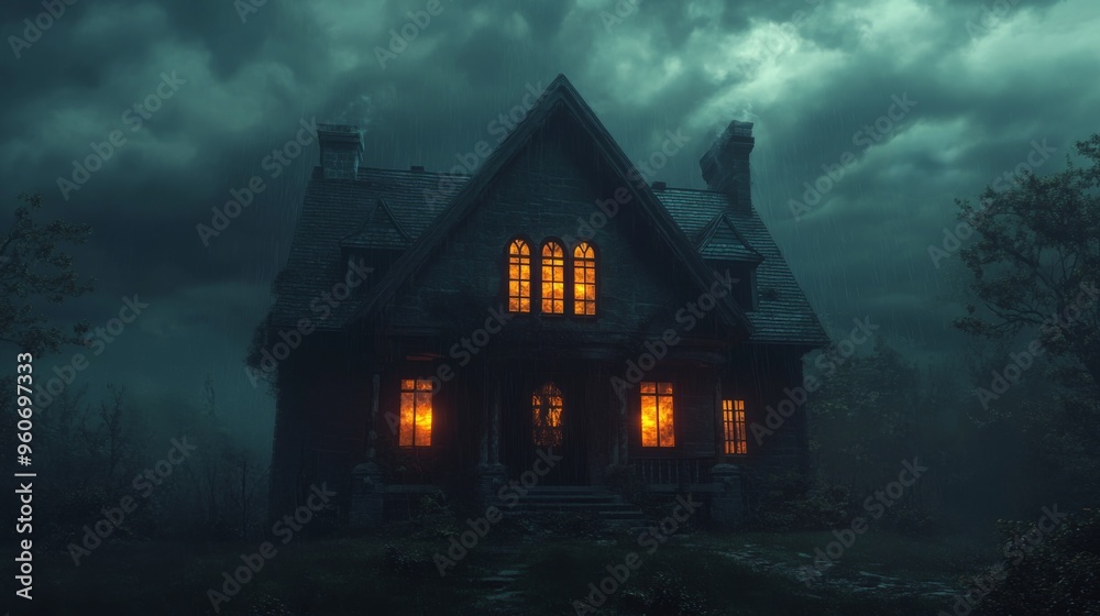 A Glowing Window In A Haunted House During A Rainy Night A Glowing Window In A Haunted House During A Rainy Night