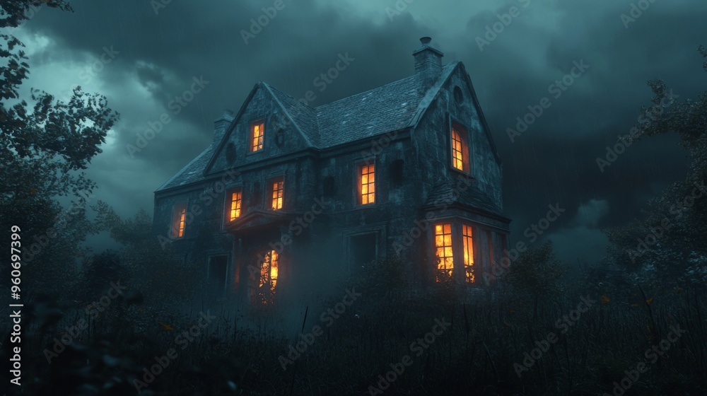 A Haunted House in a Foggy Forest at Night A Haunted House in a Foggy Forest at Night