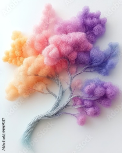 An artistic representation of a tree using soft, fluffy forms in vivid colors creating a visually imaginative display