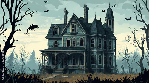 Run-down victorian mansion with boarded-up windows. Haunted Mansion. Illustration photo