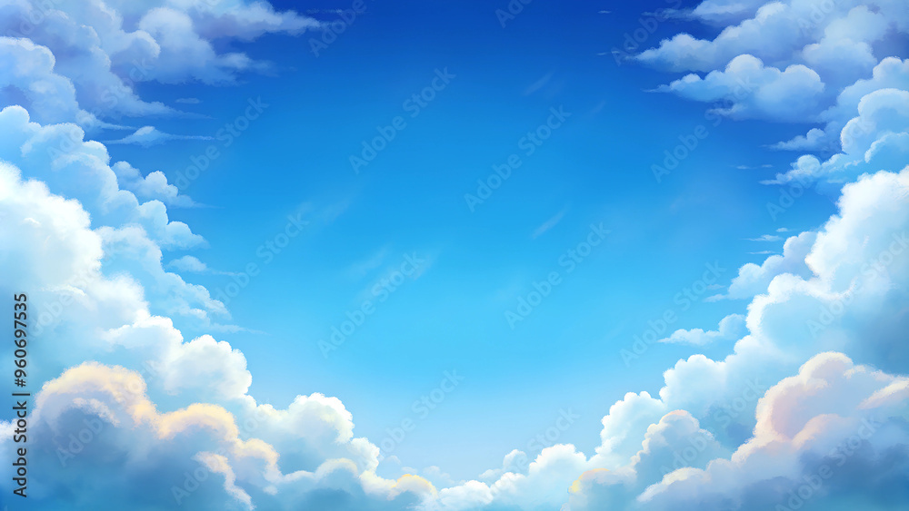 Vibrant blue sky with fluffy white clouds in a dreamy landscape