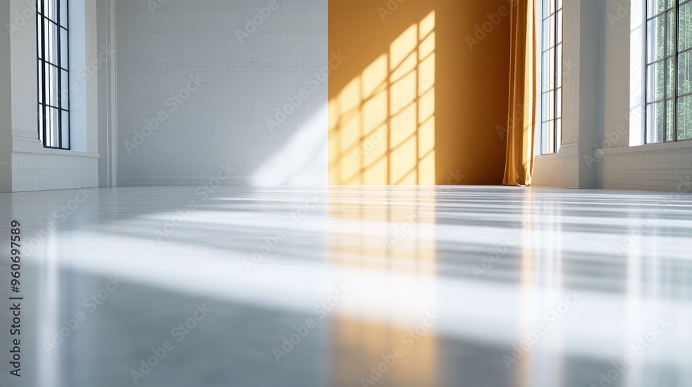 Obraz premium Sunlight casts striking shadows across the sleek floor of a modern room with orange and white features